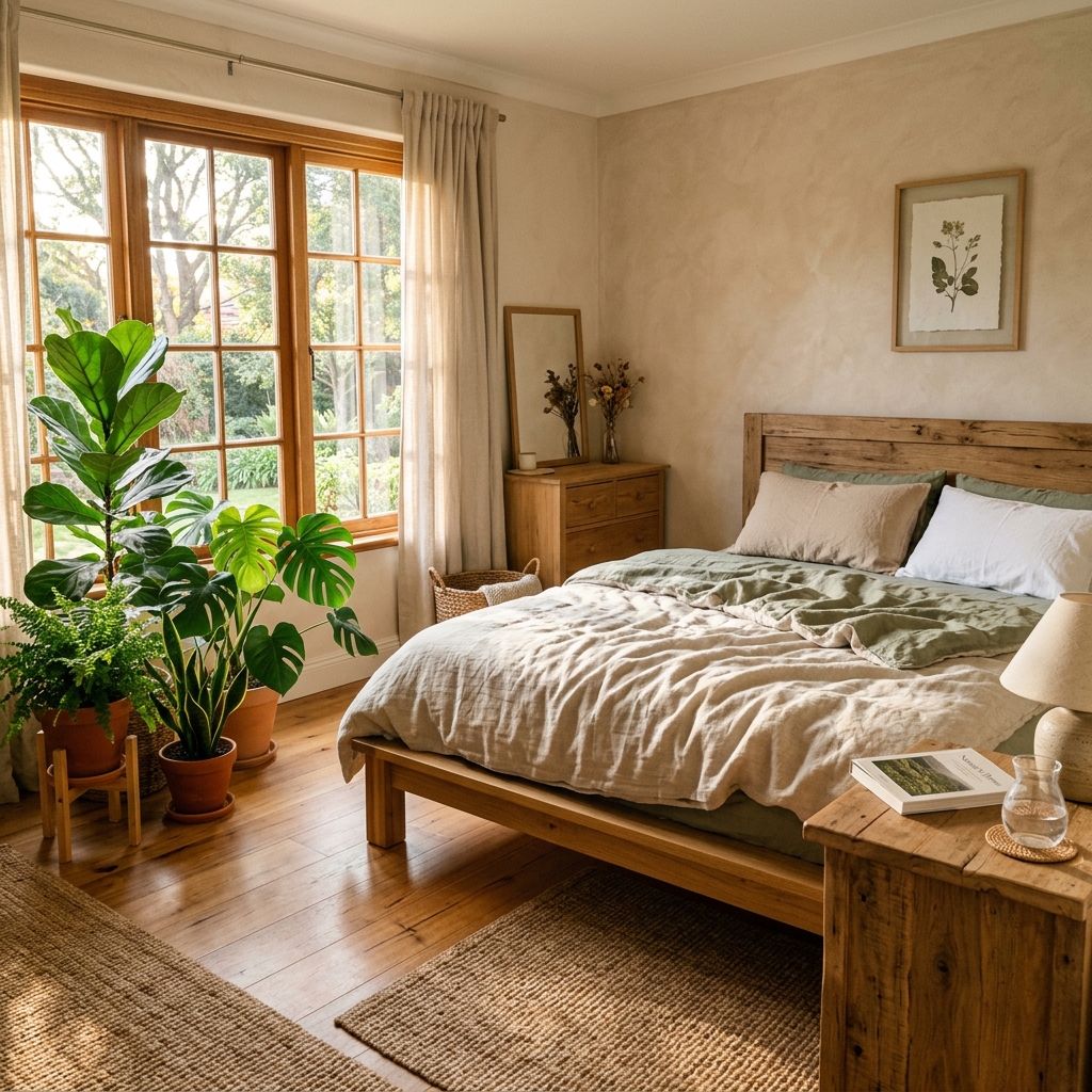 Sypialnia zaprojektowana naturalnymi meblami, pościelą z wyrafinowanego ekologicznego lnianego materiału